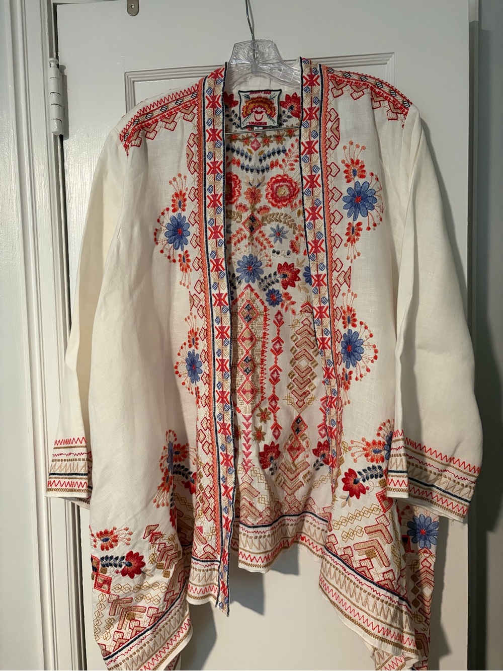 Johnny Was Cream Open-Front Embroidered Blazer with Red & Blue Floral Accents
